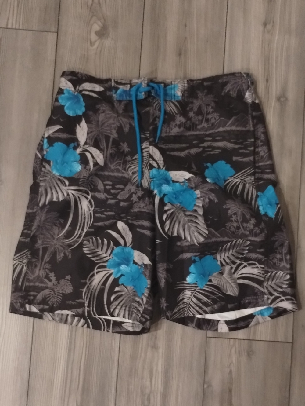 Men's Black Floral Swim Board Shorts with Bright Blue Hibiscus